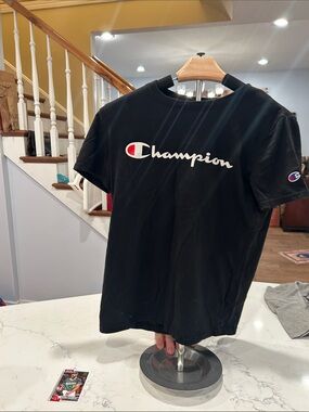 Champion Black Tee with White Script and Red Accent